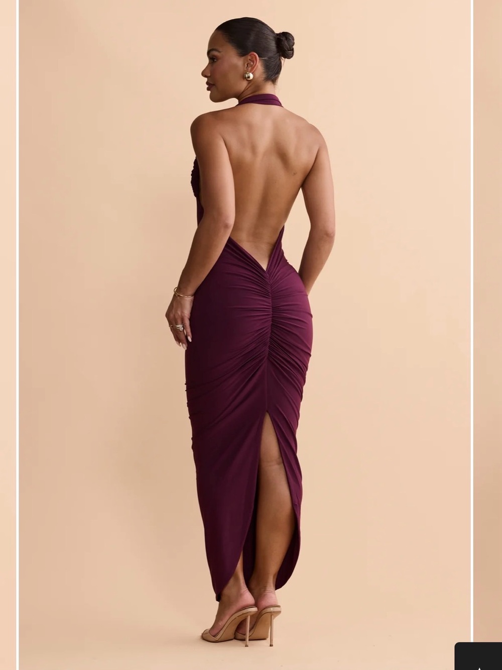 Ruched Halter Backless Maxi Dress in Plum
